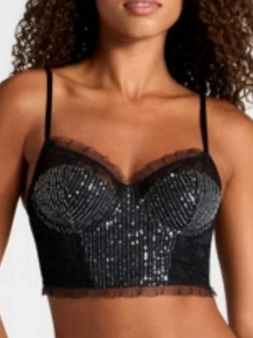 Black Sequin Lace Corset Crop Top w/ Lace Trim & sequin bottom brief NWT XS M L - Picture 4 of 10